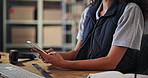 Phone, hands and woman in business for shipping, logistics notification and typing email. Mobile, warehouse and ecommerce worker online for stock distribution, scroll and chat with client for order