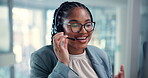 Office, black woman and talking with mic for call center, customer service and consultant for help. Telemarketing, female agent and crm support with headset for feedback, business or sales assistance