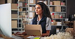 Box, shipping and woman on computer in warehouse for distribution stock, label or cargo. Digital technology, factory or logistics worker checking online delivery order, packaging or ecommerce parcel