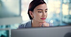 Thinking, online and woman with computer, business and research for copywriting in marketing agency and website. Office, digital and person with tech for article, reading and planning for project