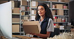 Box, scanner or woman on computer in warehouse for distribution stock, label or cargo. Technology, factory or logistics worker checking stock for delivery order, packaging process or ecommerce parcel