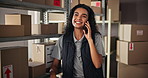 Phone call, shipping and happy woman with boxes for delivery, logistics and distribution in warehouse. Ecommerce, business and person on smartphone talking for supply chain, contact and online stock