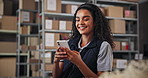Logistics, woman and happy with phone in warehouse for order tracking, inventory management or supply chain. Shipping industry, person and scroll on website for online reviews or delivery information
