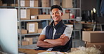 Warehouse, crossed arms and face of man with boxes on computer for delivery, logistics and distribution. Ecommerce, shipping business and portrait of person for supply chain, packages and inventory