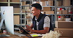 Office, man and computer with tablet for logistics, supplier distribution and research for startup. Warehouse, male person and happy seller with digital for supply chain, business service and boxes