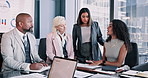Business people, meeting or analytics with documents for corporate discussion or performance review. Group, employees or talking with team for company strategy, statistics or improvement in boardroom