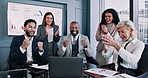 Happy, business people or winning with applause on laptop for team promotion or success at office desk. Excited, group or employees clapping with high five on computer for good news or achievement