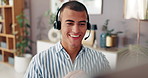 Happy man, consultant and home office with headset for remote work, online assistance or advice. Male person, agent or advisor talking with smile or mic for consultation or virtual help at house