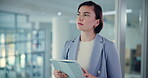 Office, businesswoman and thinking with tablet for web designer, problem solving and software update. Career, female person and ux developer with ideas for seo tools, trends and digital for solution