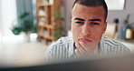 Thinking, reading and man on computer for remote work, problem solving and copywriter confused with email. Idea, serious face and freelancer with doubt, creative feedback and brainstorming in home