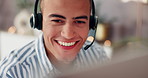 Happy man, agent and home office with headset for remote work, online assistance or advice. Male person, consultant or advisor with smile for telecommunications, support or virtual help at house