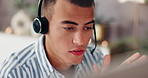 Businessman, consultant and home office with headset for remote work, online assistance or advice. Man, agent or advisor talking with mic for consultation, telecommunications or virtual help at house