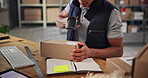 Warehouse, hands and scanner for order, boxes and preparing of product with label and logistics. Small business, entrepreneur and person with stock for supply chain, ecommerce and planning for store