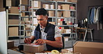 Man, warehouse and sticker on cardboard for delivery, supply chain and export of clothing order. Package, prepare distribution and professional person for shipping cargo, commercial and ecommerce