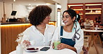 Couple, date and talking with laughing in cafe for funny conversation, bonding together and connection. Love, people and drinks with discussion in restaurant for relationship, weekend break and relax