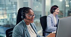 Office, businesswoman and mic with computer for call center, sales research and consulting with customer. Coworking, female consultant and headset with digital for online service, crm help or talking