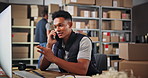 Computer, phone call and man for delivery, logistics and company office for distribution officer. Communication, conversation and shipping with employee for supply chain, ecommerce and planning