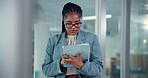 Office, black woman and research with tablet for web designer, software update and scroll online. Career, female person and ux developer with digital for seo tools, trends or report for business page