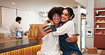 Cafe, couple of friends and selfie together for happy memory, social media post and profile picture update. Gen z people, photography and laughing in restaurant for travel vlog, bonding and support