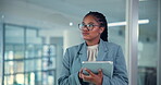 Black woman, web designer and thinking with tablet in office, problem solving or software update. Reflection, female person and ux developer with trends ideas for seo tools, business page or solution