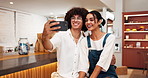 Restaurant, couple of friends and selfie together for happy memory, social media post and profile picture update. Gen z people, photography and funny face in cafe for travel vlog, bonding and support