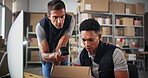 Teamwork, scanner and people on computer in warehouse for distribution stock, boxes or training. Coaching, delivery and logistics worker learning to check online order, packages or ecommerce parcel