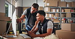 Teamwork, training and people on computer in warehouse for distribution stock, boxes and help. Coaching, delivery and logistics worker learning to check online order, packages or ecommerce parcel