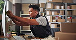 Sticky notes, small business and man in warehouse for distribution stock, planning or timeline task. Reminder, supply timeline or logistics worker checking online order, packages or ecommerce parcel