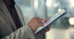 Business person, hands and browsing with tablet for social media, communication or online network at office. Closeup, employee or data analyst scrolling with technology for corporate analysis or app
