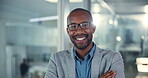 Office, arms crossed and face of businessman for financial advisor, corporate confidence and ambition. Consultant, professional and pride with black person at risk management company opportunity