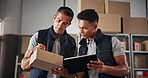 Box, training and people on tablet in factory for distribution stock, teamwork or help. Coaching advice, label info and logistics worker learning to check online order, packages or ecommerce parcel