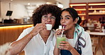 Couple, date and face with drinks in cafe for bonding together, connection and beverage break. Love, people and portrait in restaurant with green smoothie, tea and weekend fun on travel adventure