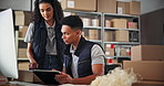 Box, training and people on tablet in warehouse for distribution stock, teamwork or help. Coaching advice, computer and logistics worker learning to check online order, packages or ecommerce parcel