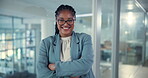 Office, arms crossed and face of business woman for financial advisor, corporate confidence and ambition. Consultant, professional and pride with black person at risk management company opportunity