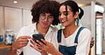 Date, couple and laughing with phone in cafe for funny post, social media meme and comedy video. Gen z people, happy and smartphone in restaurant for streaming service, bonding together or connection