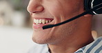 Happy person, consultant and mouth with mic at call center for friendly advice, assistance or support at office. Closeup, agent or advisor with smile or headset for online communication or helpdesk