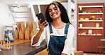 Woman, typing message and online in store, business owner and chat to supplier for update. Happy person, communication and done with phone call for schedule tasks, website and reading email response