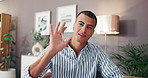 Happy man, wave or face with video call for communication, virtual meeting or online chat at home. Portrait, male person or financial advisor with smile in POV for remote work, advice or discussion