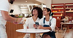 Couple, waiter and serving drinks at restaurant for customer service, hospitality and thank you. People, happy and relax in cafe with beverage toast for relationship celebration, date and support
