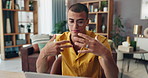 Businessman, talking or video call with laptop for communication or online meeting at home office. Male person, financial advisor or accountant with computer in remote work for advice or virtual chat