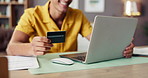 Office, hands and person with credit card, laptop and online shopping on app, tech and virtual payment. Ecommerce, smile and employee with tech for purchase, spending and browsing of digital product