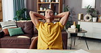 Stretching, relax and man in home, remote work or done with project in living room or web designer. Resting, calm and person with complete tasks in lounge, finished or freelancer with laptop in house