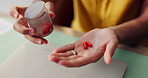 Person, hands and pills with prescription for medication, side effects or symptoms on table at home. Closeup, patient or capsules with medical diagnosis for pharmaceutical drug, antibiotic or vitamin