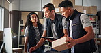 Tablet, shipping and people with boxes on computer for delivery, logistics and distribution. Ecommerce, business and man and woman on tech for supply chain, package receipt number or online inventory