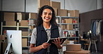 Woman, face and tablet for warehouse distribution, export cardboard packages and commercial sales. Portrait, inventory management and proud person in workplace, storage facility and site for orders