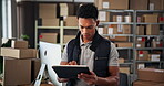 Office, man and research with tablet for logistics, supplier distribution and ecommerce for startup. Workshop, male person and seller with digital for supply chain, business service and track order