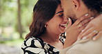 Laugh, forehead touch and couple in park for bonding, dating and commitment for outdoor. Nature, love and man and woman embrace for affection, relationship and hug for romance on weekend together