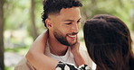 Love, talking and couple in park together for bonding, dating and commitment for conversation. Nature, happy and man and woman embrace for affection, relationship and hug for romance on weekend