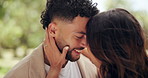 Love, forehead touch and couple in park for bonding, dating and commitment for outdoor. Nature, happy and man and woman embrace for affection, relationship and hug for romance on weekend together