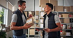 Tablet, box and team in business for shipping, conversation and thumbs up for order approval in office. Technology, warehouse and men with stock, inventory management or package distribution online